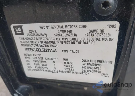 2003 Chevrolet Silverado 1500 from USA, damaged, VIN 1GCEK14XX3Z221134